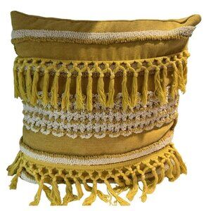 Bohemian Style Throw Pillow Cotton & Tufted Chenille Fringed 17 x 17" Zippered